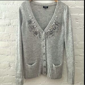 Express Wool Blend Bling Button Up Cardigan Sweater Sz Large Light Gray Sparkle